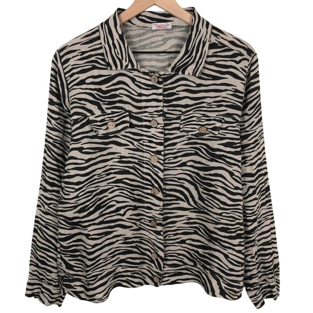 Suzy D London Linen Zebra Print Button Up Shirt Jacket Sz L Tan Black Shacket